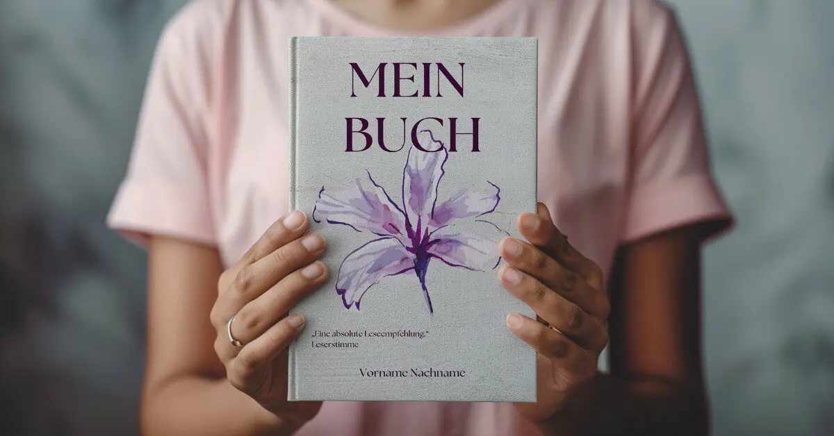 Person hält eigenes Buch mit zwei Händen vor dem Oberkörper